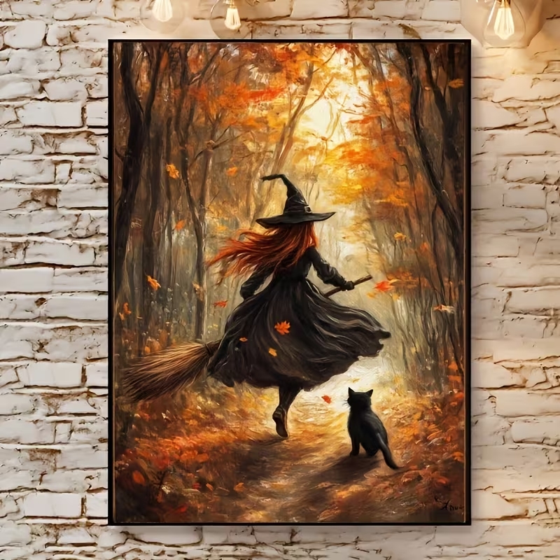 Home Decor Theme - Retro Halloween Herfst Heks Op Bezemsteel